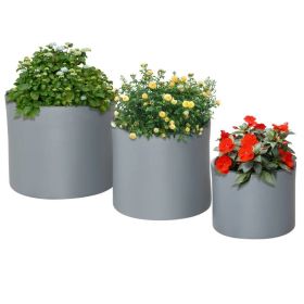 Set of 3 Stackable Round Outdoor Flower Pot Planters with Drainage Holes in Grey