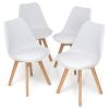 Set of 4 Modern Mid-Century Style White PU Leather Dining Chairs with Wood Legs