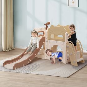 8-In-1 Kids Slide and Climber Set, Toddler Slide Playset with Basketball Game Telescope, Children Indoor Outdoor Playground (White+Brown)