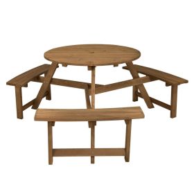 6-person Round Wooden Picnic Table with Umbrella Hole and 3 Built-in Benches