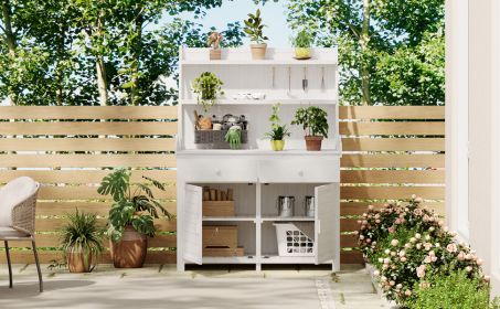 TOPMAX 65inch Garden Potting Bench Table, Fir Wood Workstation with Storage Shelf, Drawer and Cabinet, White