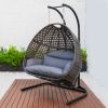 Modern Muse Charcoal Wicker Hanging Double-Seat Swing Chair with Stand w/Dust Blue Cushion