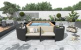 Spa Surround Spa Frame Quadrilateral Outdoor Rattan Sectional Sofa Set with Mini Sofa,Wooden Seats and Storage Spaces, Beige