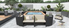 Spa Surround Spa Frame Quadrilateral Outdoor Rattan Sectional Sofa Set with Mini Sofa,Wooden Seats and Storage Spaces, Beige