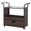 Outdoor Patio Wicker Rattan Serving Bar Cart Sideboard On Wheels Brown Gradient