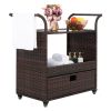 Outdoor Patio Wicker Rattan Serving Bar Cart Sideboard On Wheels Brown Gradient