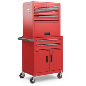 3-in-1 6-Drawer Rolling Tool Chest Storage Cabinet with Universal Wheels and Hooks (Color: Red)