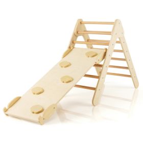 3-in-1 Wooden Climbing Triangle Set Triangle Climber with Ramp (Color: Natural)