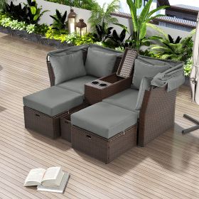 2-Seater Outdoor Patio Daybed Outdoor Double Daybed Outdoor Loveseat Sofa Set with Foldable Awning and Cushions for Garden, Balcony, Poolside (Color: Grey)